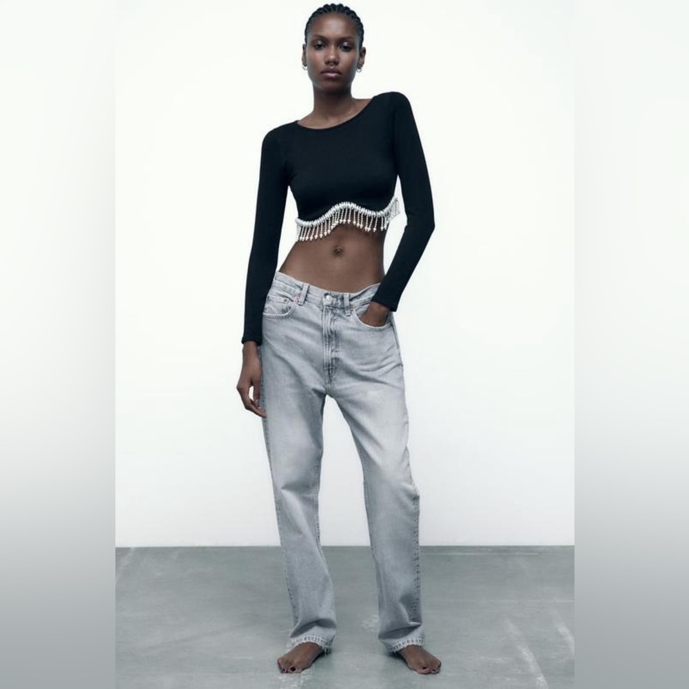 NWT Zara Seamless Long Sleeves Crop Top with Pearl details